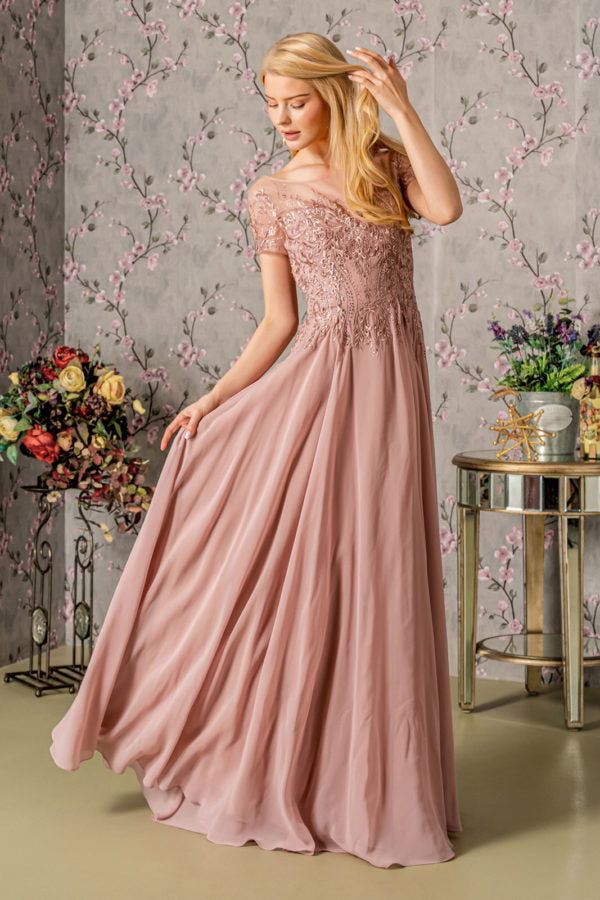 Bead Embroidery Sheer Neckline Chiffon A-line Long Dress Tux-USA