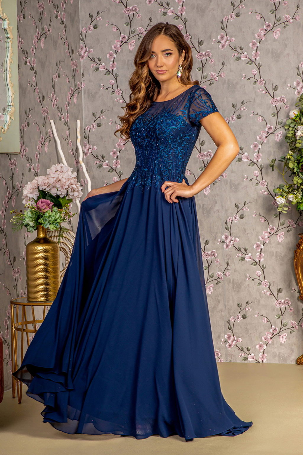 Bead Embroidery Sheer Neckline Chiffon A-line Long Dress Tux-USA
