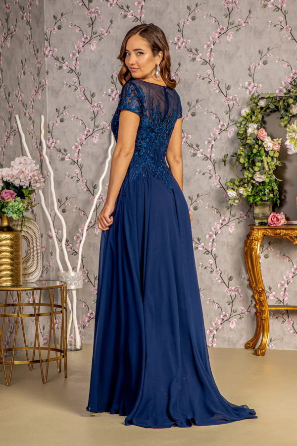 Bead Embroidery Sheer Neckline Chiffon A-line Long Dress Tux-USA