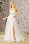 Embroidery Bead Sheer Bodice Open Back Mesh Wedding Gown Tux-USA