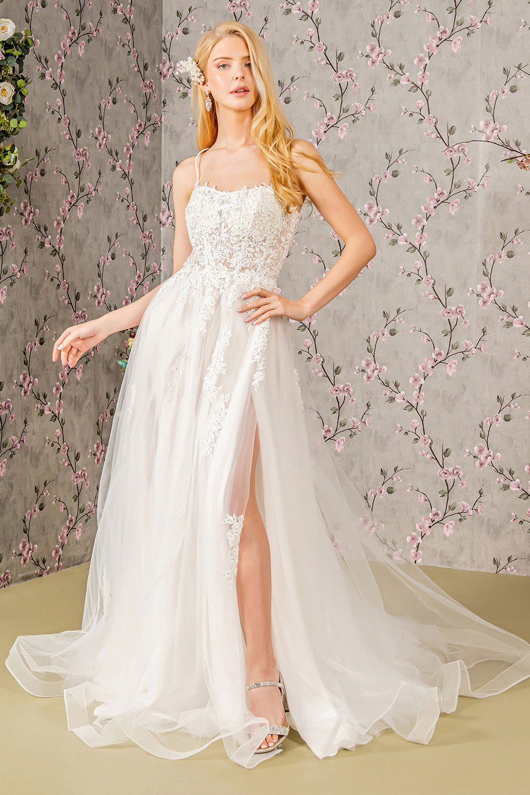 Embroidery Bead Sheer Bodice Open Back Mesh Wedding Gown Tux-USA