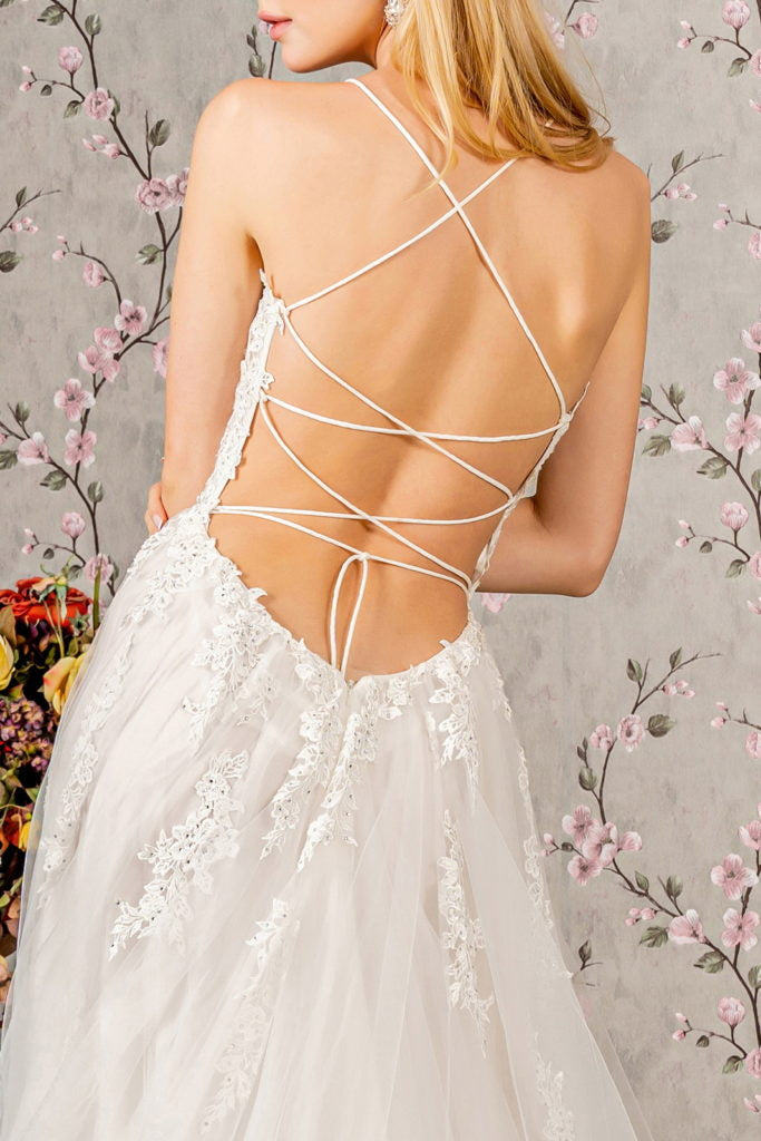 Embroidery Bead Sheer Bodice Open Back Mesh Wedding Gown Tux-USA