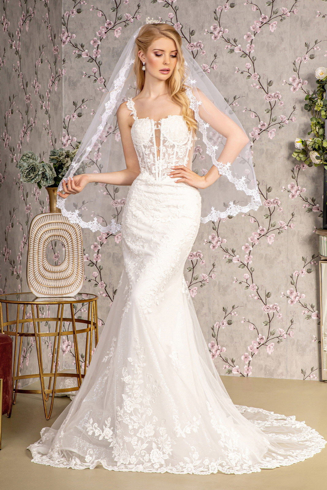 Embroidery Sequin Sheer Bodice Mesh Mermaid Wedding Gown Tux-USA