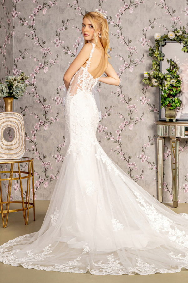 Embroidery Sequin Sheer Bodice Mesh Mermaid Wedding Gown Tux-USA