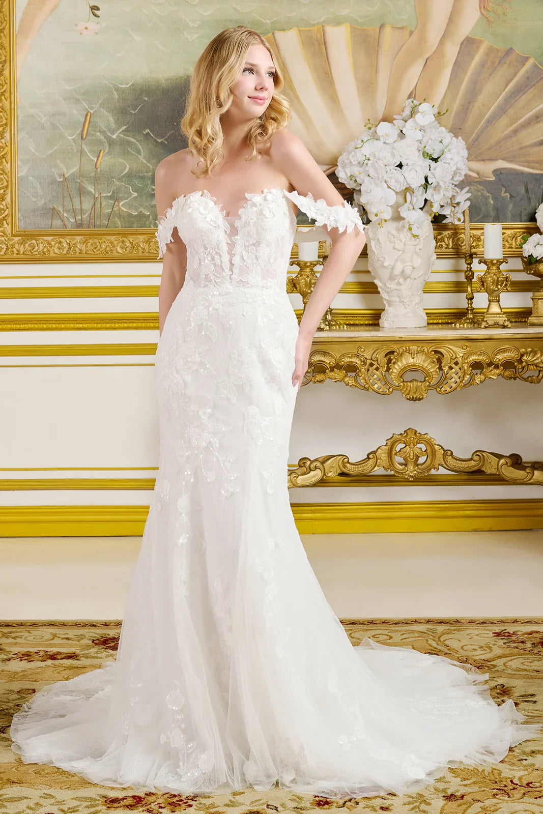 Fitted Wedding Gown V-Neckline And Off-The-Shoulder Straps A Lace-Up Bodice-0