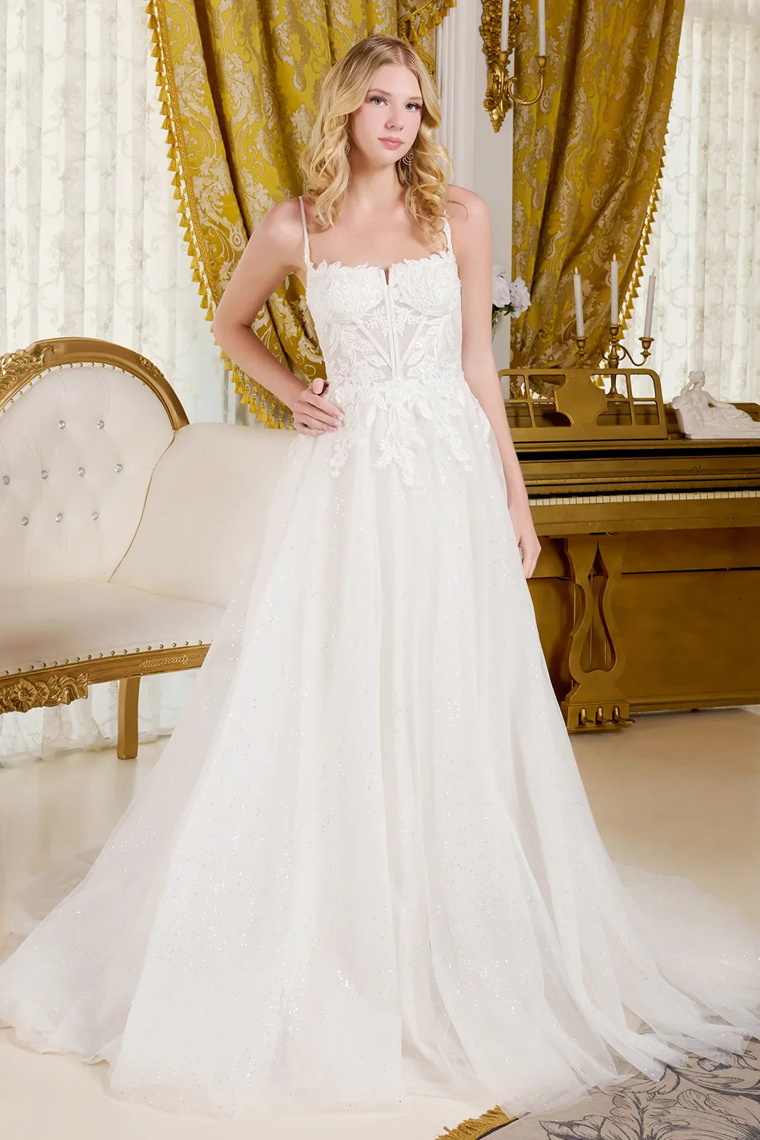 A-Line Wedding Dress Spaghetti Straps Bodice With A Boat Neckline Tux-USA