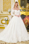 Wedding Ball Gown Off-Shoulder 3/4 Sleeves,A Sweetheart Neckline Corset Bodice Tux-USA