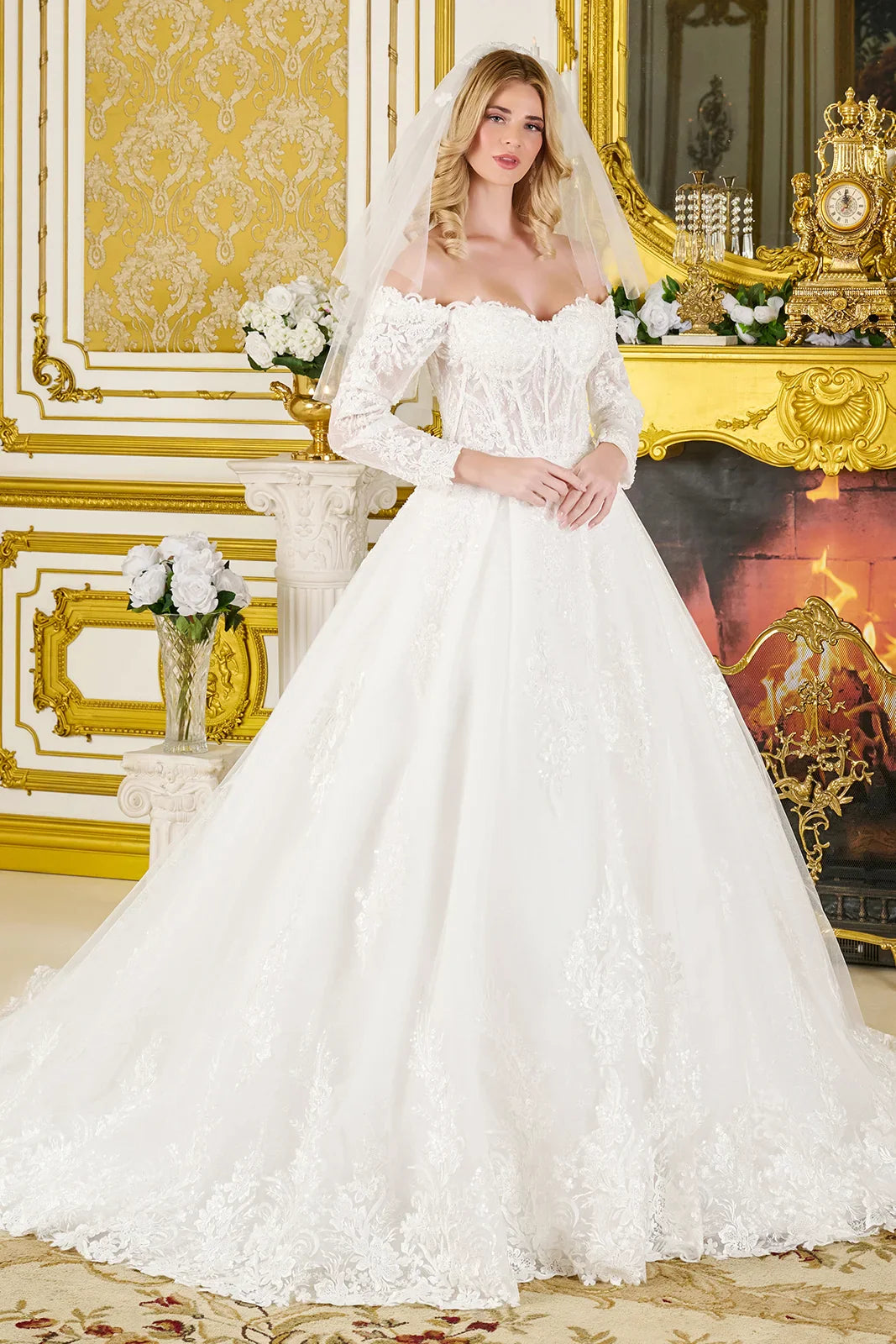 Wedding Ball Gown Off-Shoulder 3/4 Sleeves,A Sweetheart Neckline Corset Bodice Tux-USA