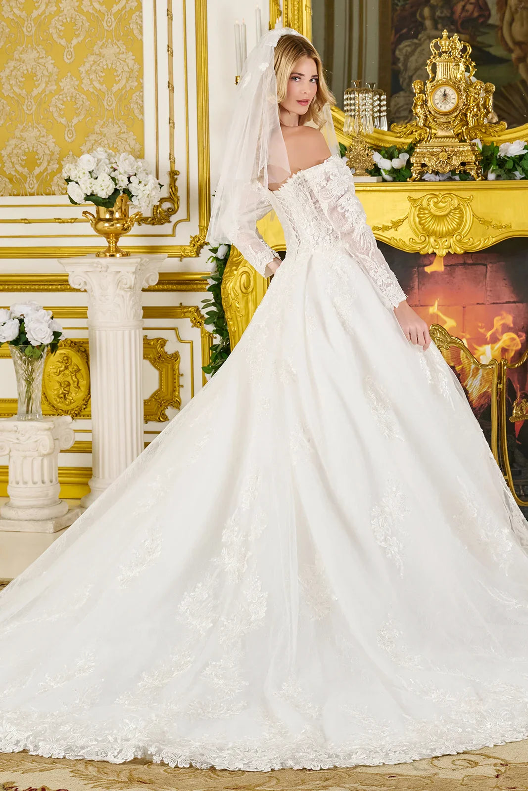 Wedding Ball Gown Off-Shoulder 3/4 Sleeves,A Sweetheart Neckline Corset Bodice Tux-USA