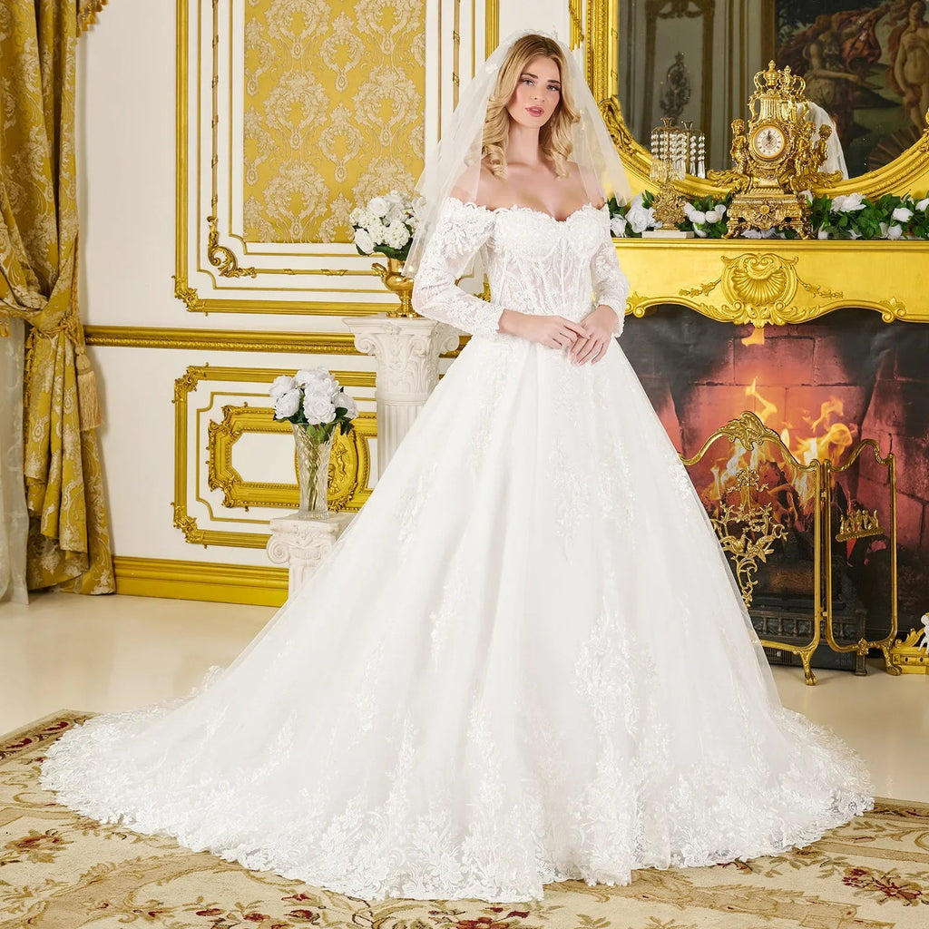 Wedding Ball Gown Off-Shoulder 3/4 Sleeves,A Sweetheart Neckline Corset Bodice Tux-USA