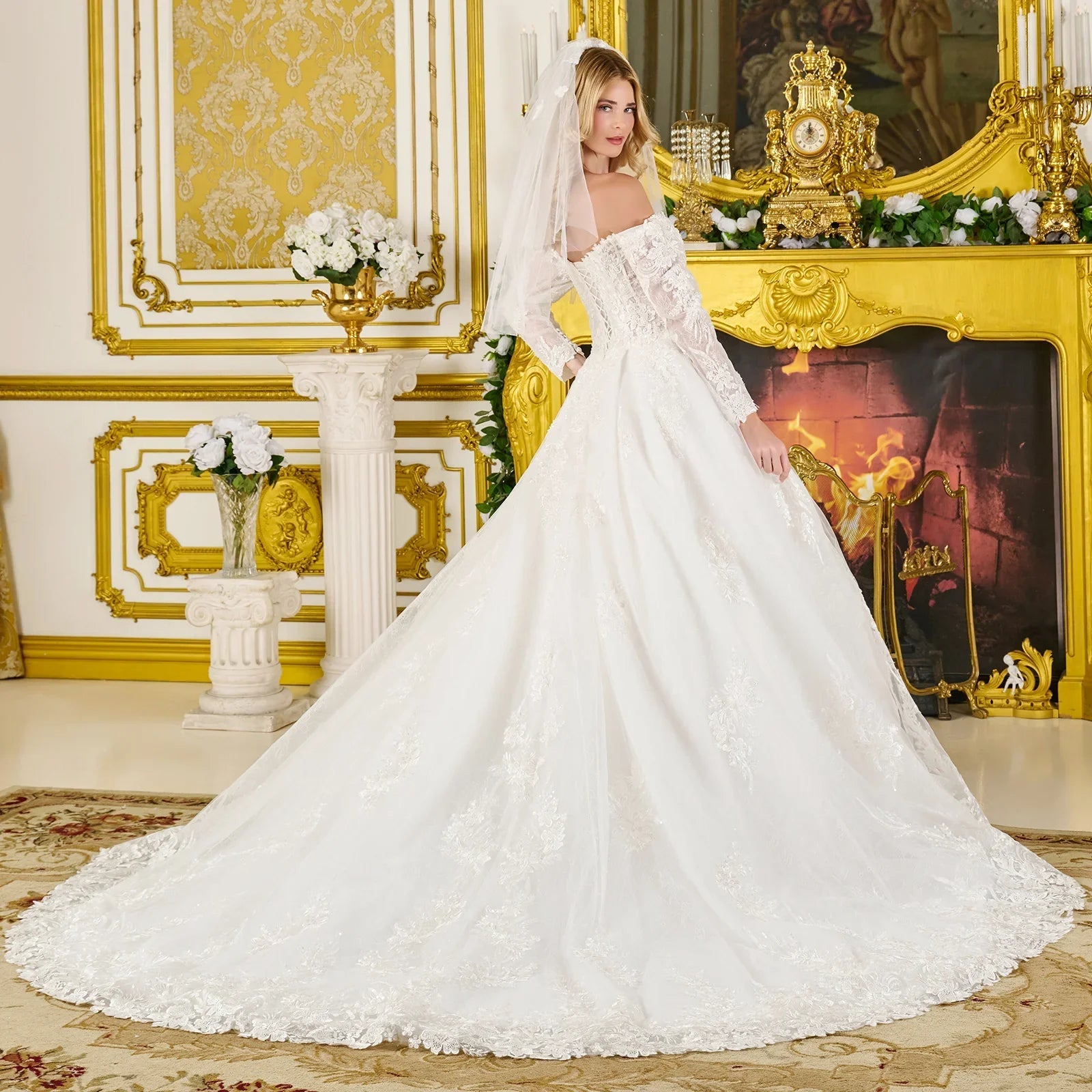 Wedding Ball Gown Off-Shoulder 3/4 Sleeves,A Sweetheart Neckline Corset Bodice Tux-USA