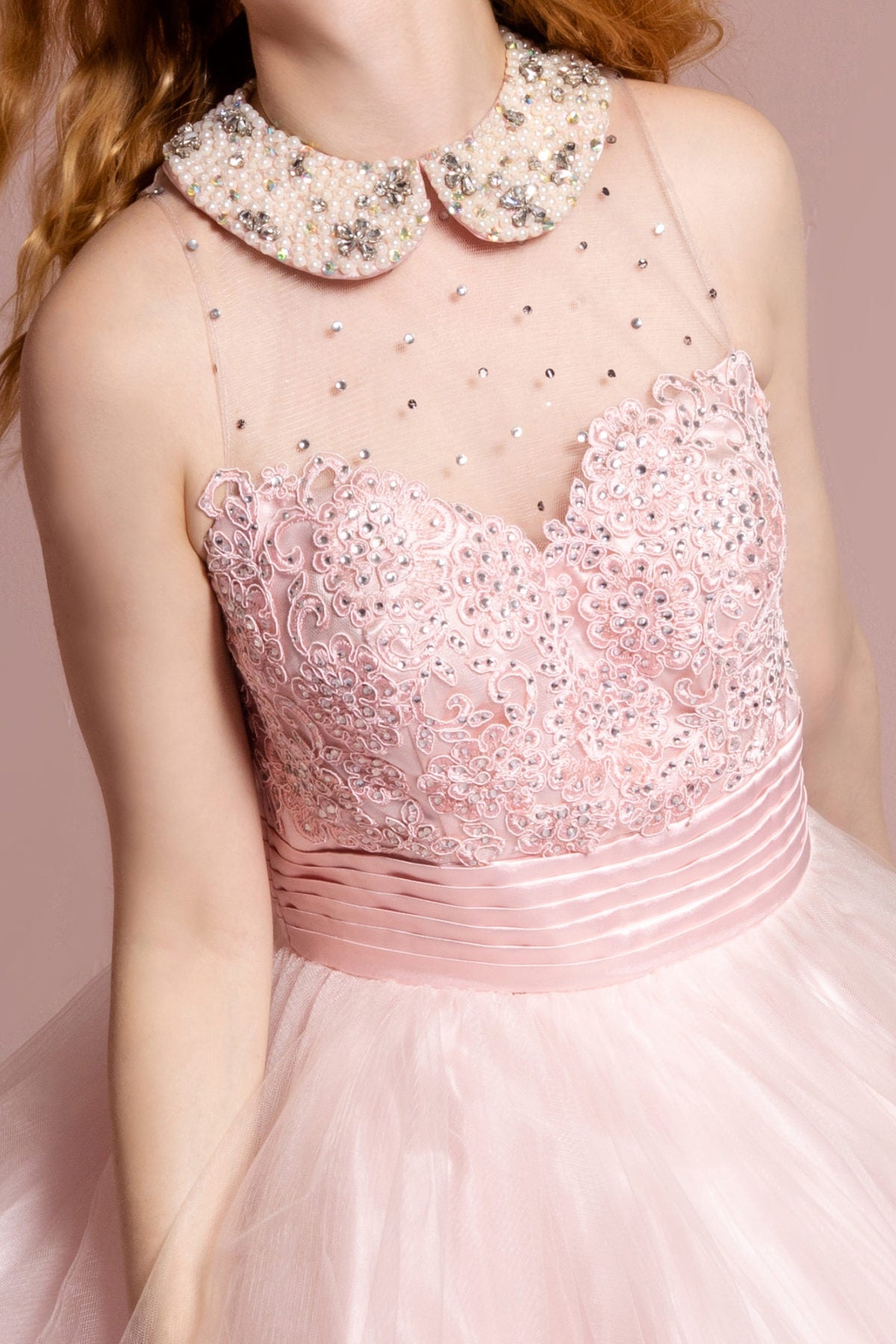 Embroidered Tulle Short Dress with Beaded Collar and Illusion Sweetheart Neckline Tux-USA