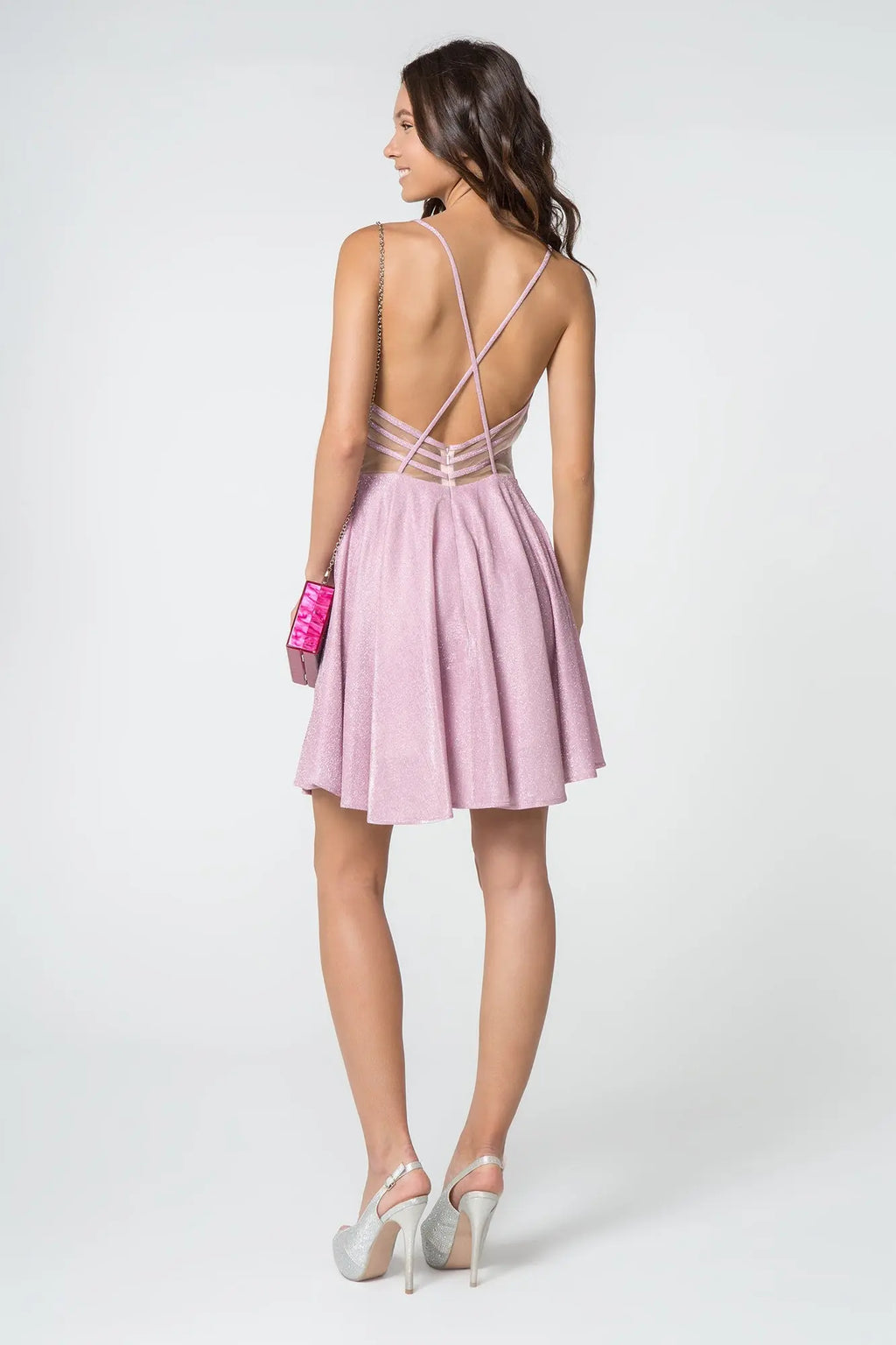 Illusion Deep V-Neck Glitter Crepe Short Dress w/ Strap Back Tux-USA
