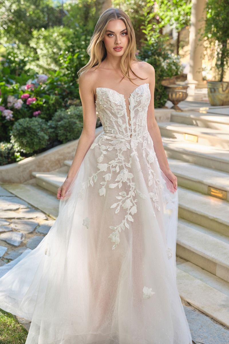 Floral Lace Illusion Plunge Bridal Ball Gown-2