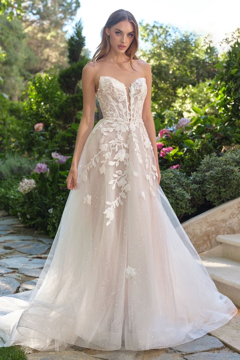 Floral Lace Illusion Plunge Bridal Ball Gown-0